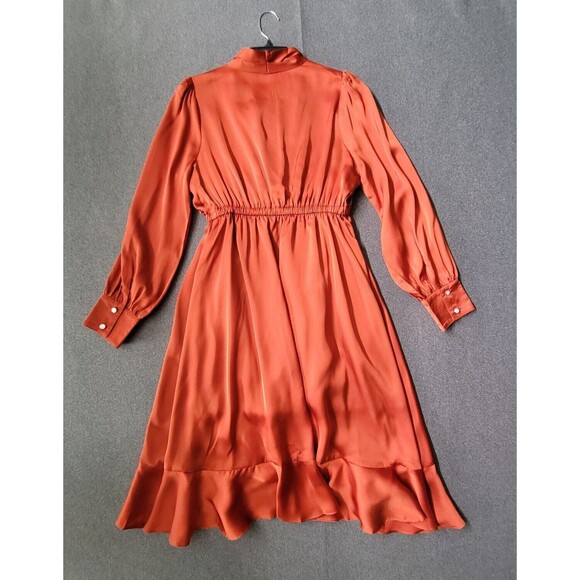 Chicwish M Rust Asymmetric Faux Wrap Ruffle Hem Satin Dress 711 - Picture 3 of 13